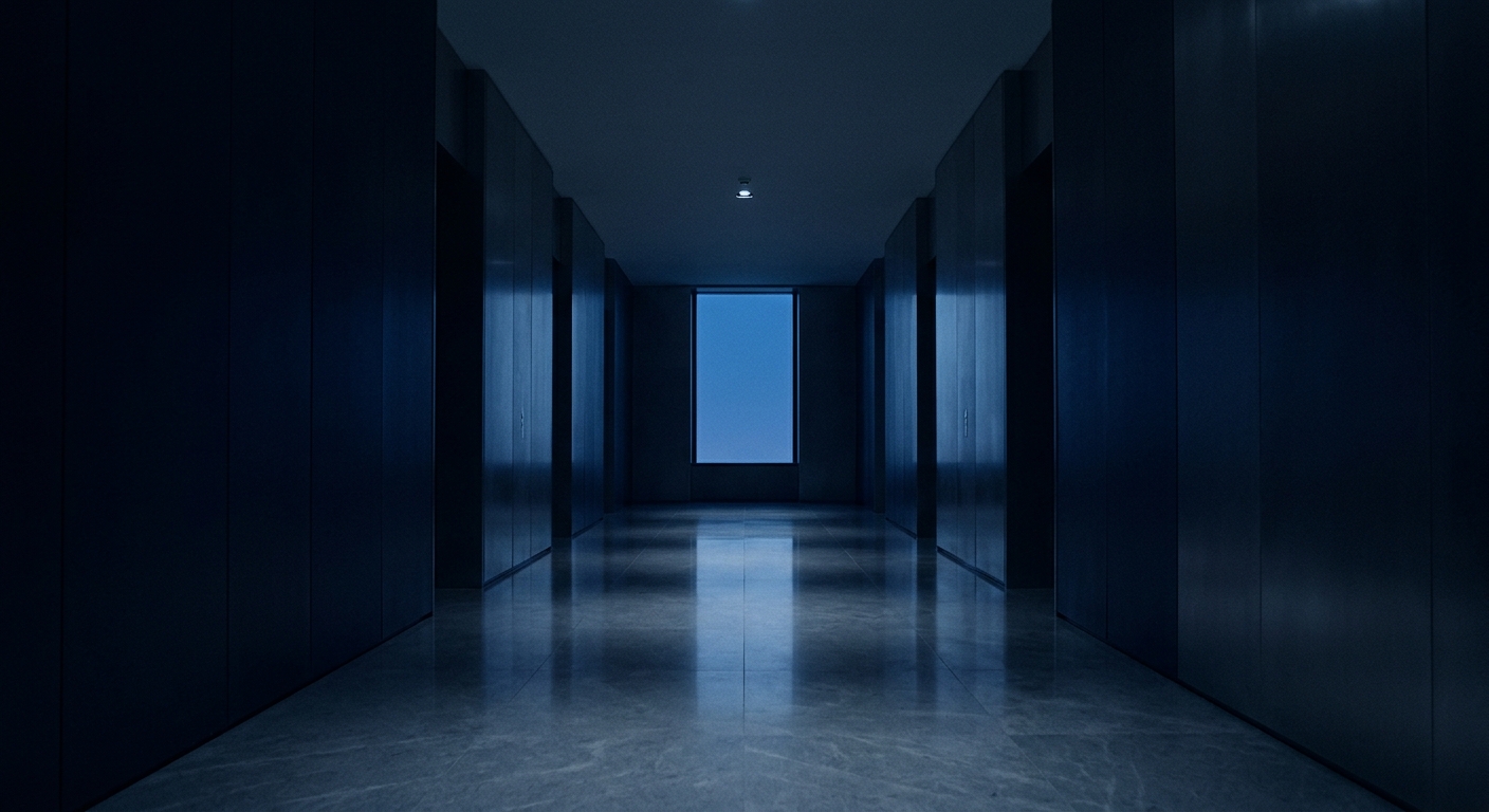 A quiet institutional corridor at first light.