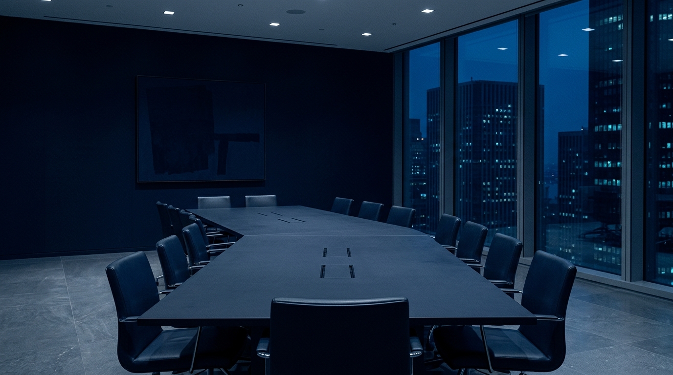 An empty institutional boardroom in low light