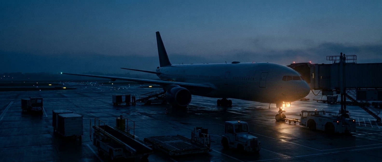Widebody aircraft at gate at blue hour, cool cyan taxiway lights