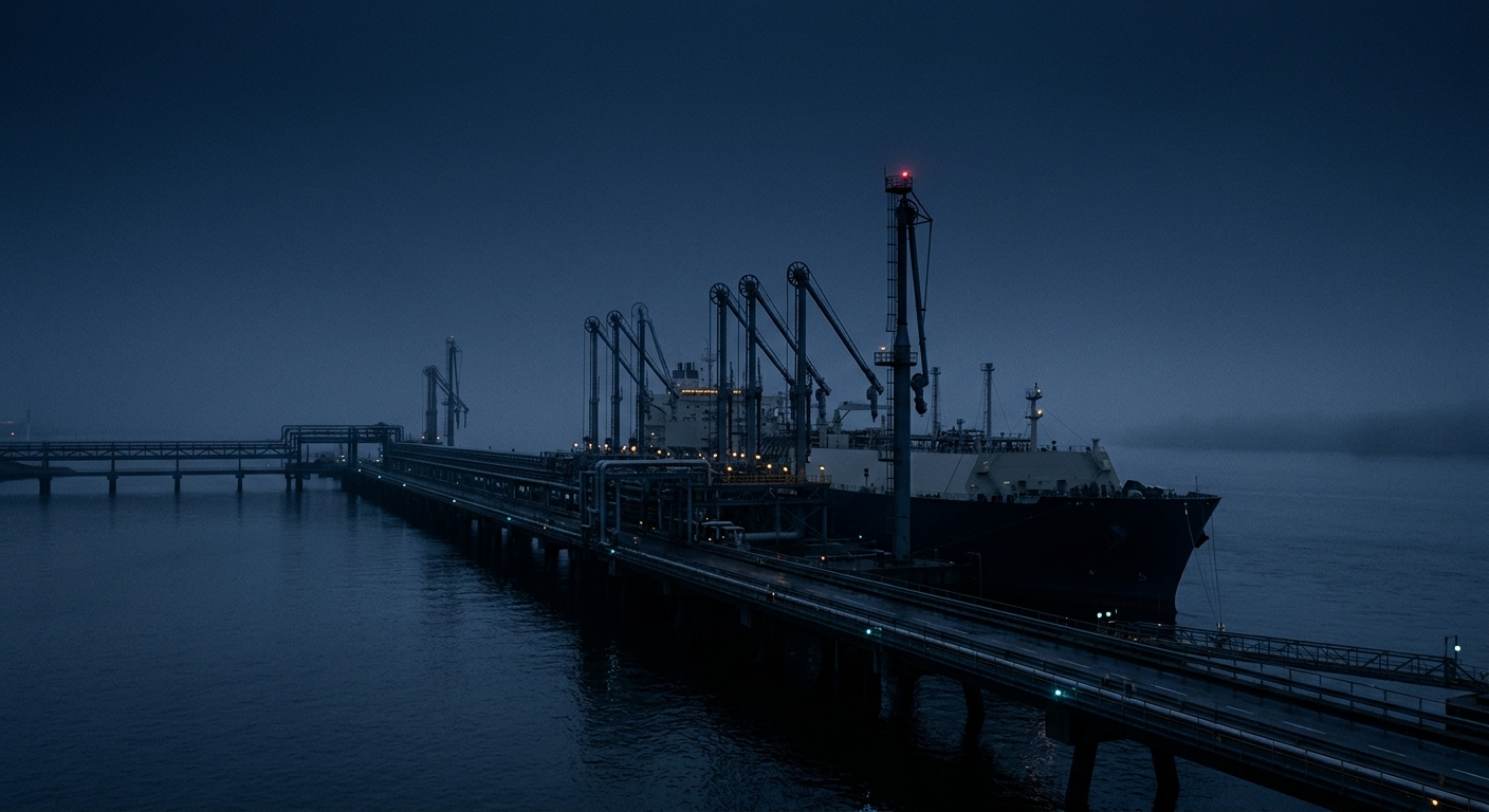 LNG loading jetty at blue hour, moored carrier alongside