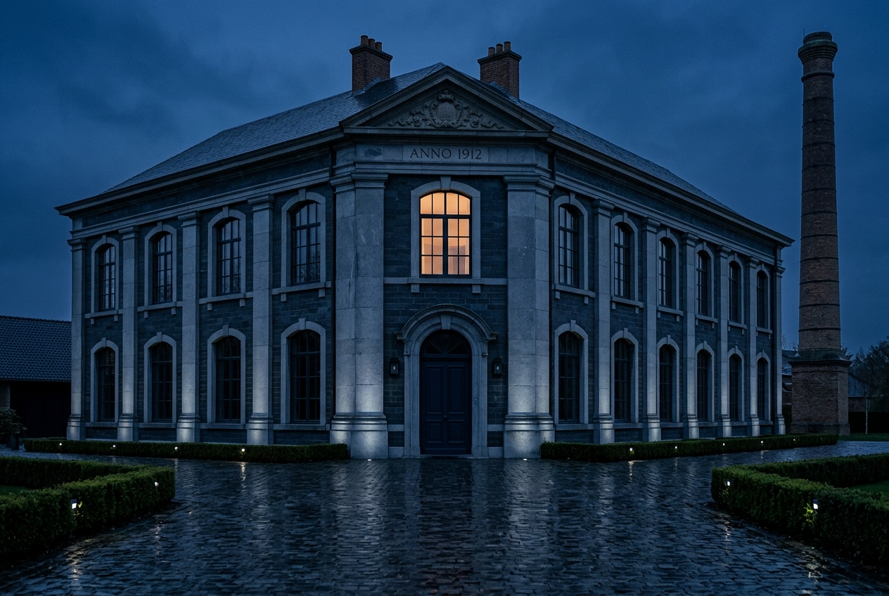 Heritage industrial headquarters at blue hour with one warm-lit upper-floor office window