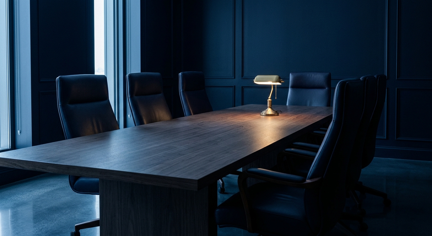 Private walnut boardroom at blue hour with one warm reading lamp