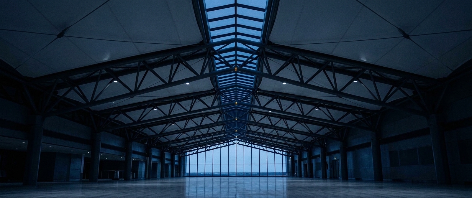 Airport terminal roof at blue hour, tensile truss architecture