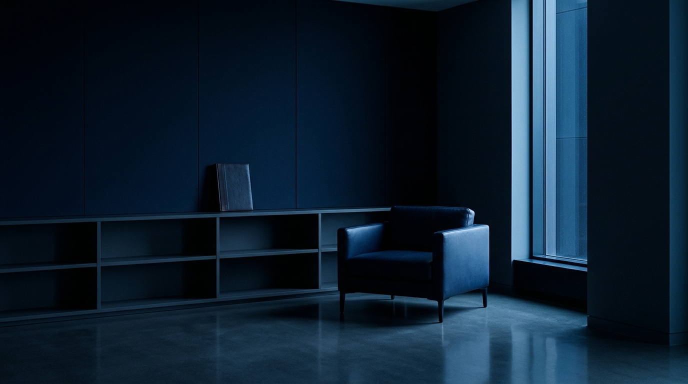 A private office reading corner at blue hour.