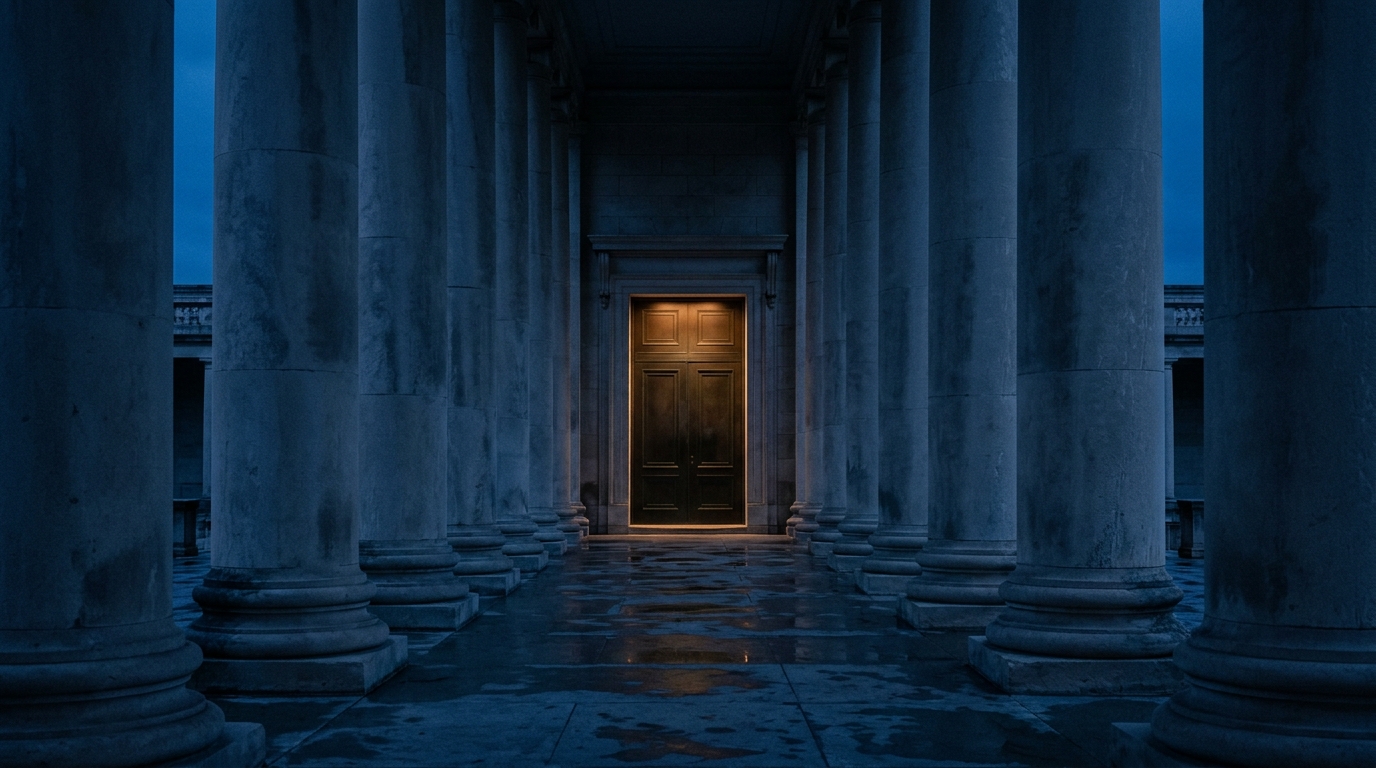 Architectural detail of a quiet institutional colonnade at first light.