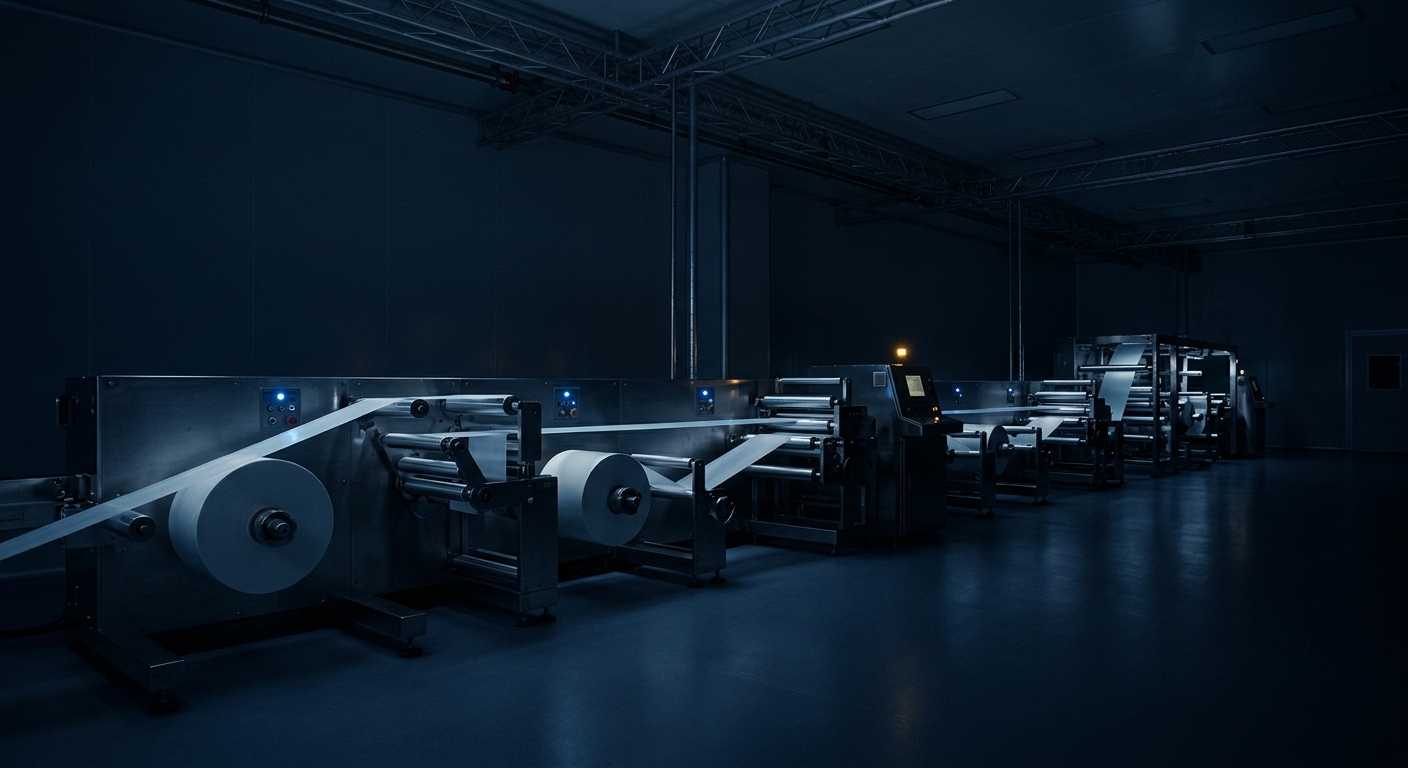 Battery separator production line at blue hour
