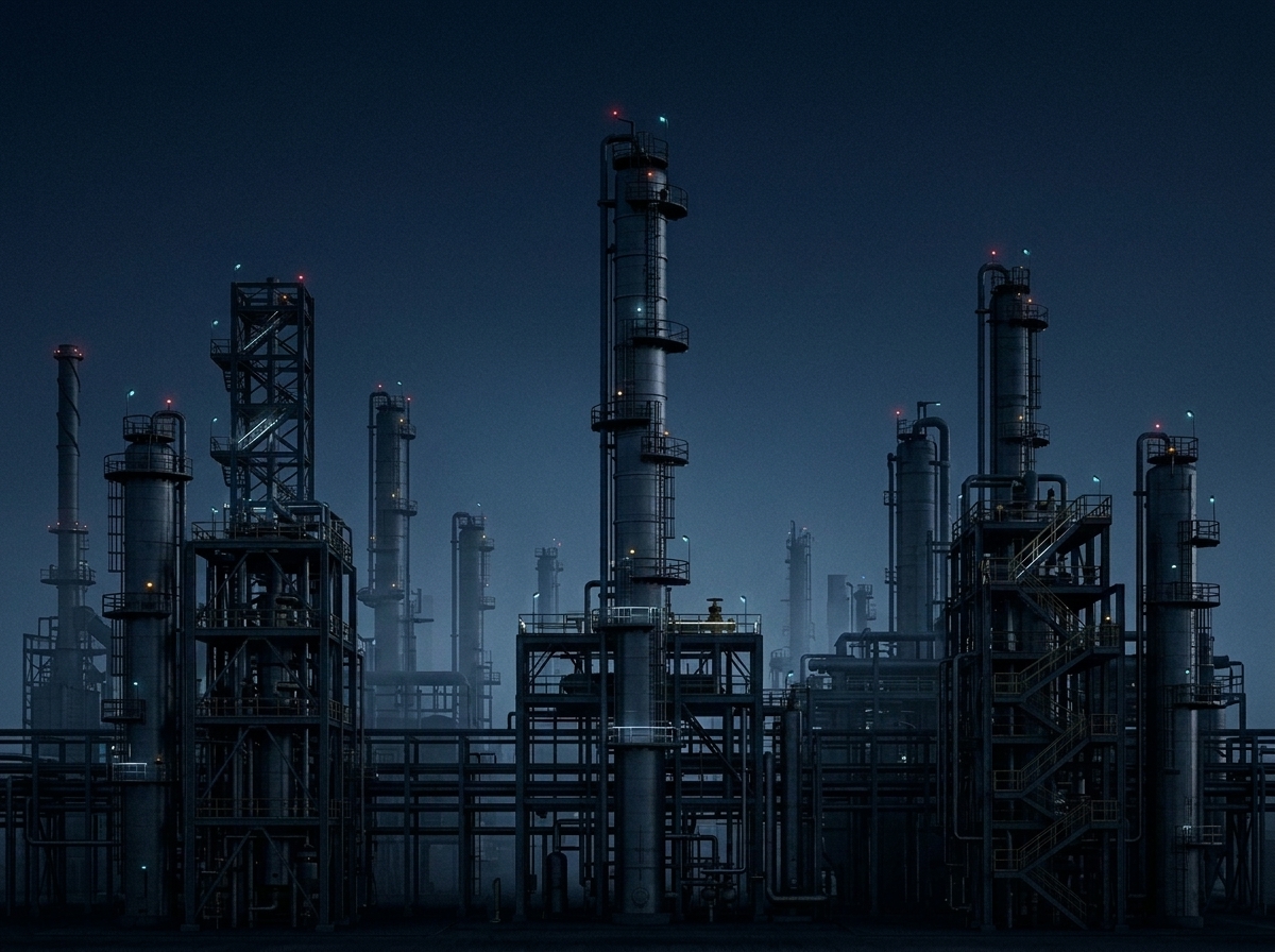 Refinery at blue hour with cracking towers silhouetted