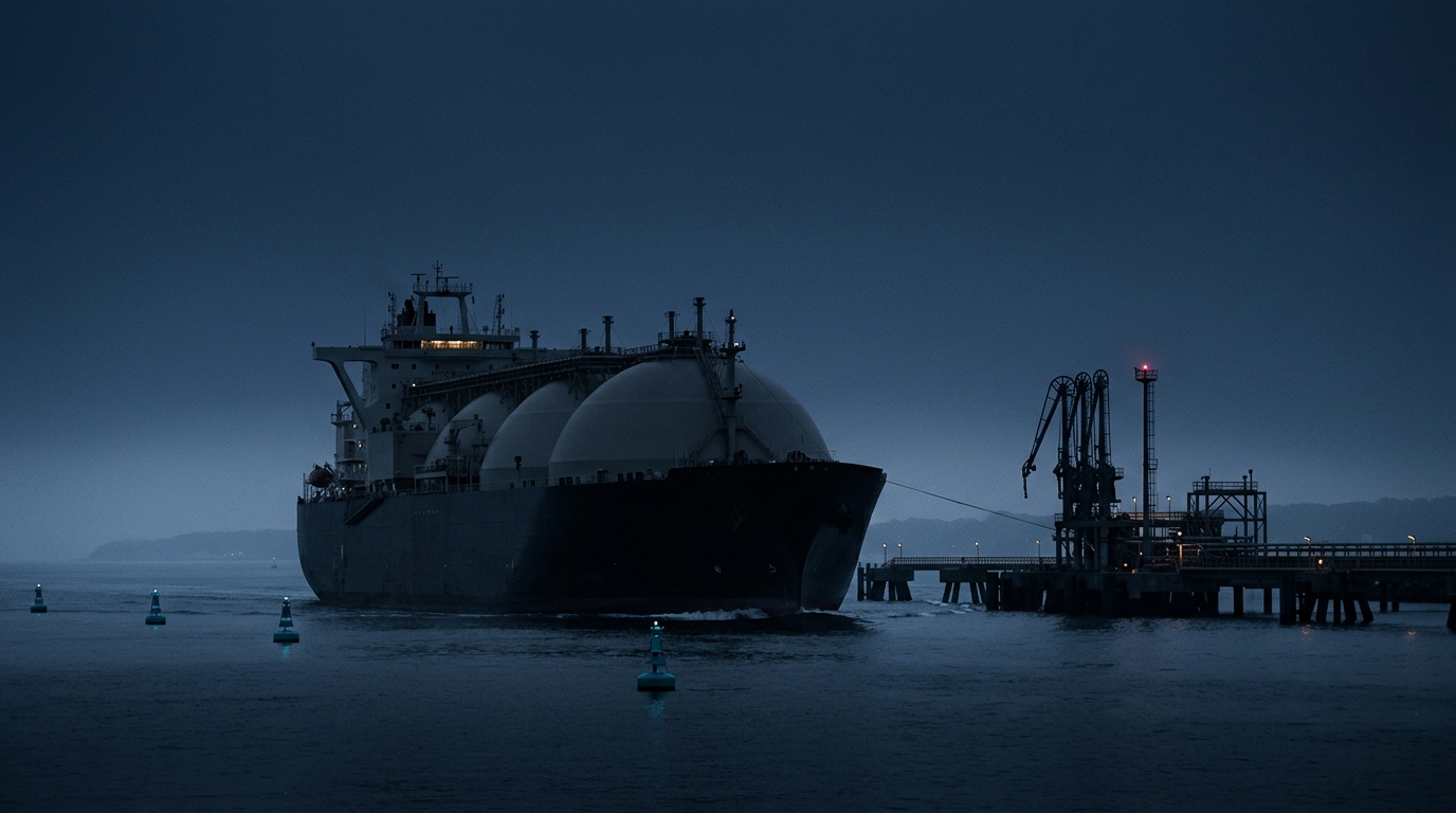 An LNG carrier arriving at terminal at blue hour.