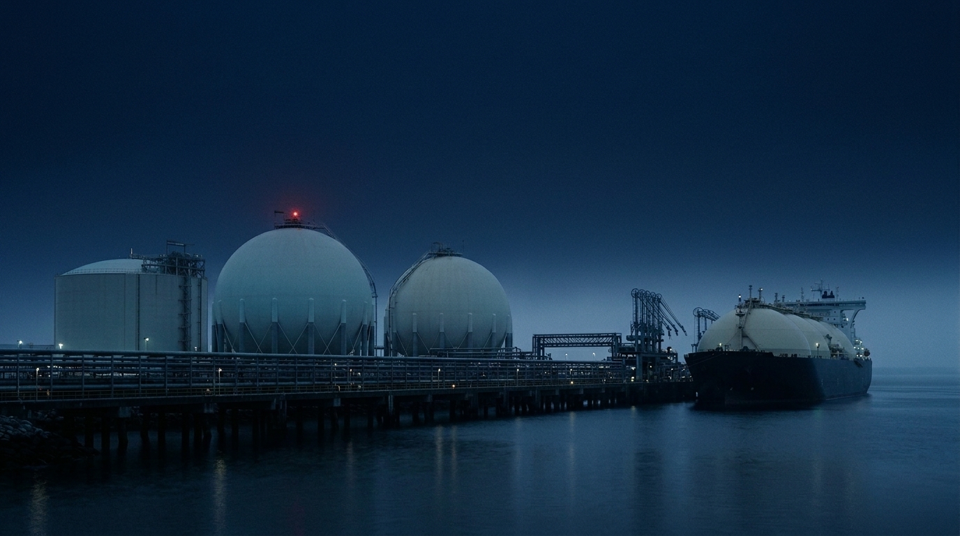 A coastal LNG terminal at blue hour