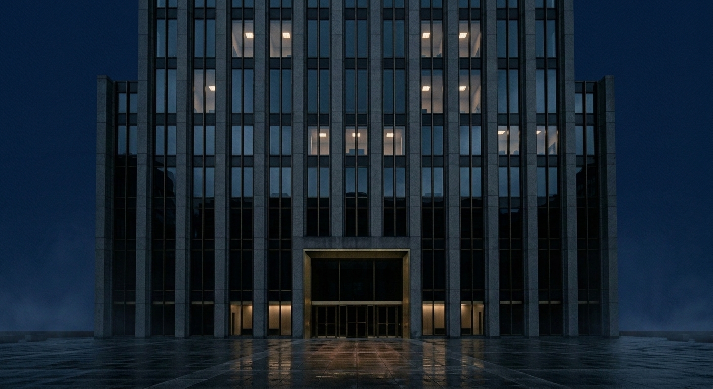 Institutional headquarters facade at blue hour