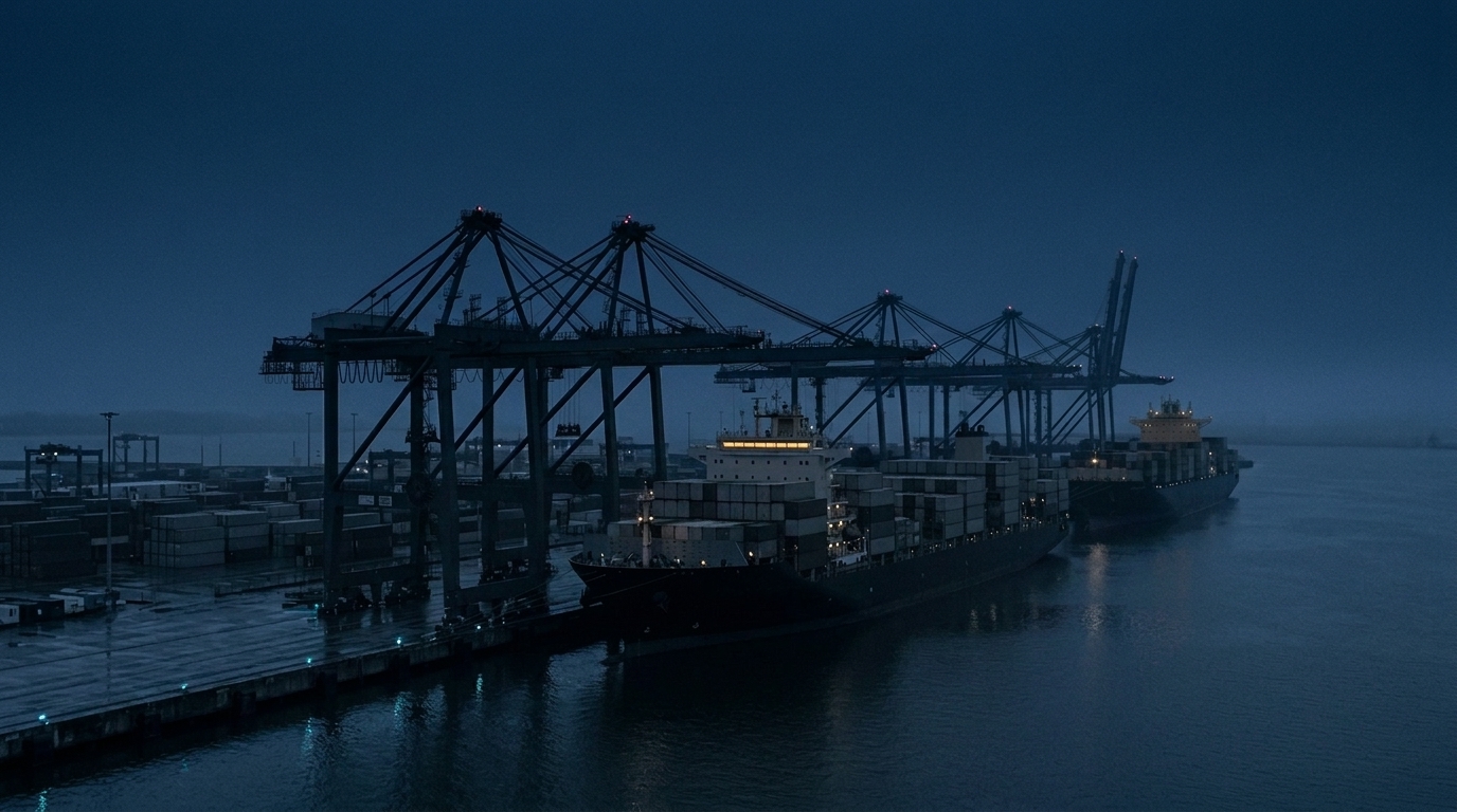 Elevated international cargo port at blue hour