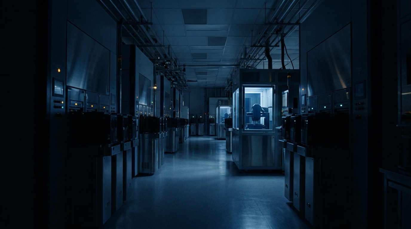 A semiconductor fabrication corridor at blue hour